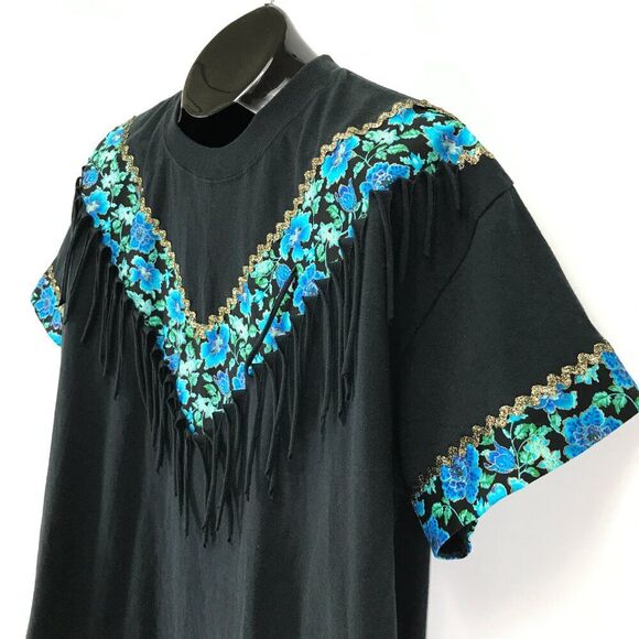 Vintage Hanes Floral Fringe Short Sleeve Tee Adult Size XL Black Embellished 90s - Picture 3 of 12
